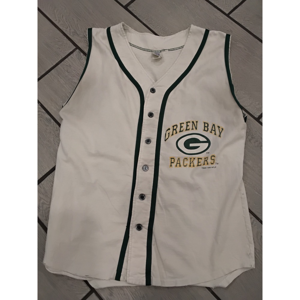 Vintage Green Bay Packers Sleeveless Button Up Baseball Jersey Shirt NFL